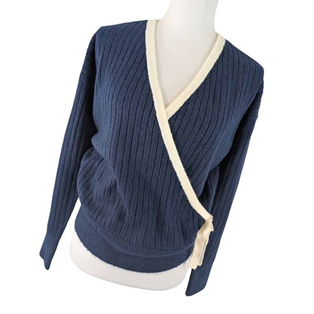 NWT@$75! LOFT! NAVY BLUE & CREAM TRIMMED CRISS CROSS, FAUX TIE WAIST SWEATER! S